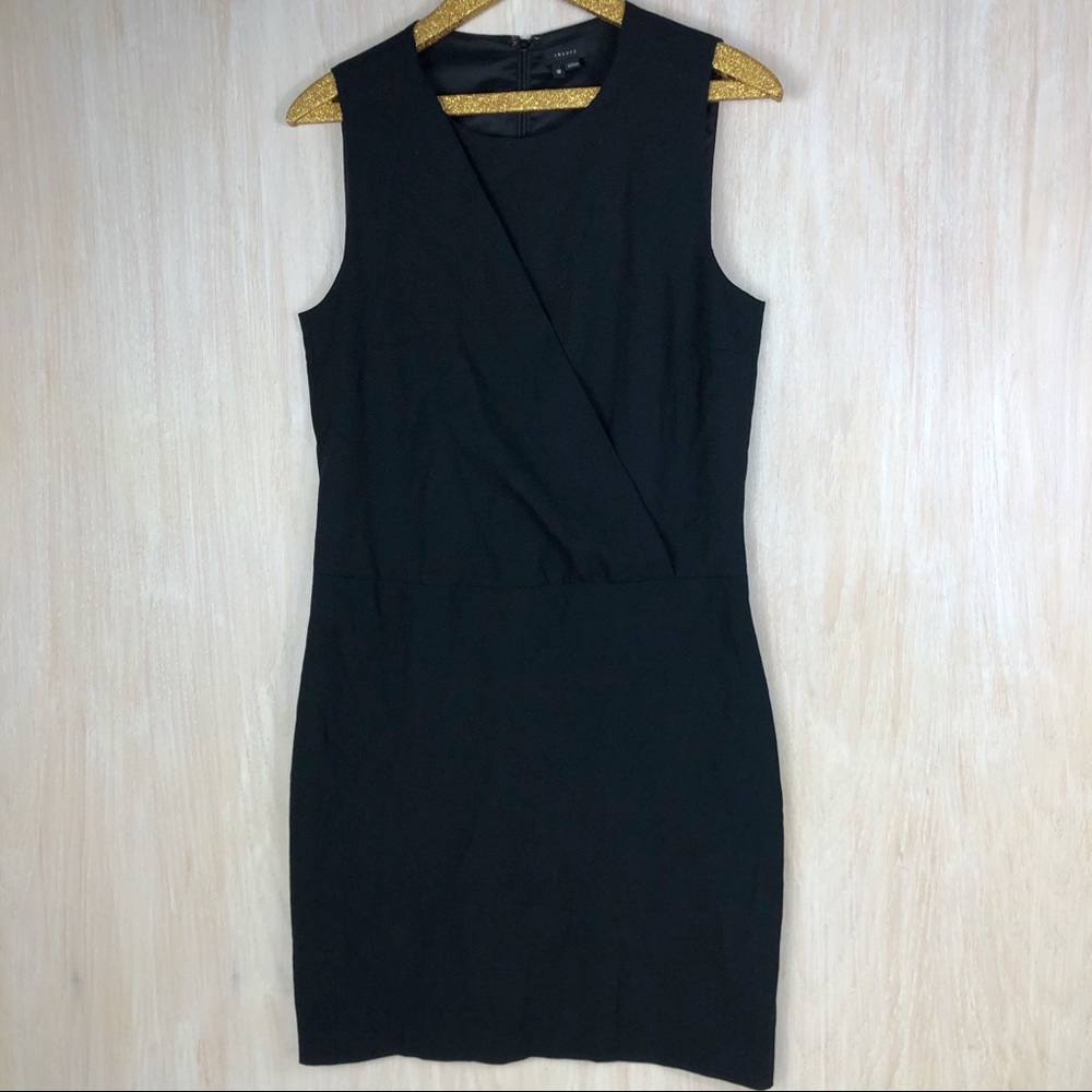 Theory Black Faux Wrap Sleeveless Wool Blend Dress